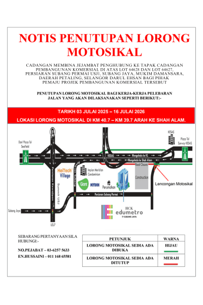 Read more about the article Temporary Closure of Motorcycle Lane for Road Widening Works at Persiaran Subang Permai, USJ 1